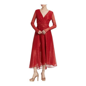 Women's Talbot Runhof Red Metallic Voile Long Sleeve Midi Dress Size 6 (36)
